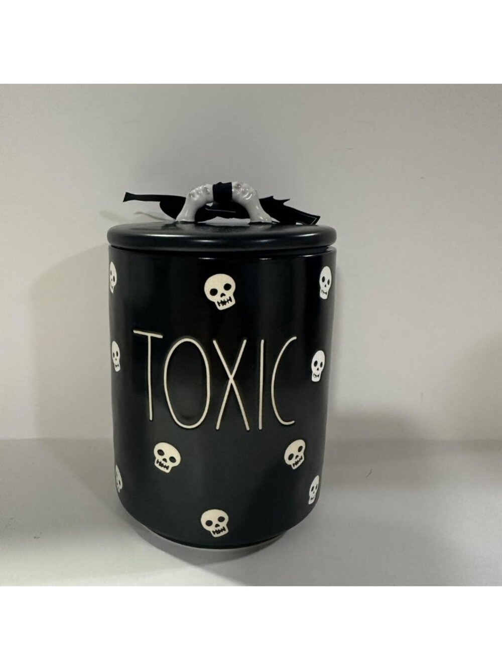 Spooky Black Ceramic Halloween Canister Jar with Skull Design & Bone Handle Lid